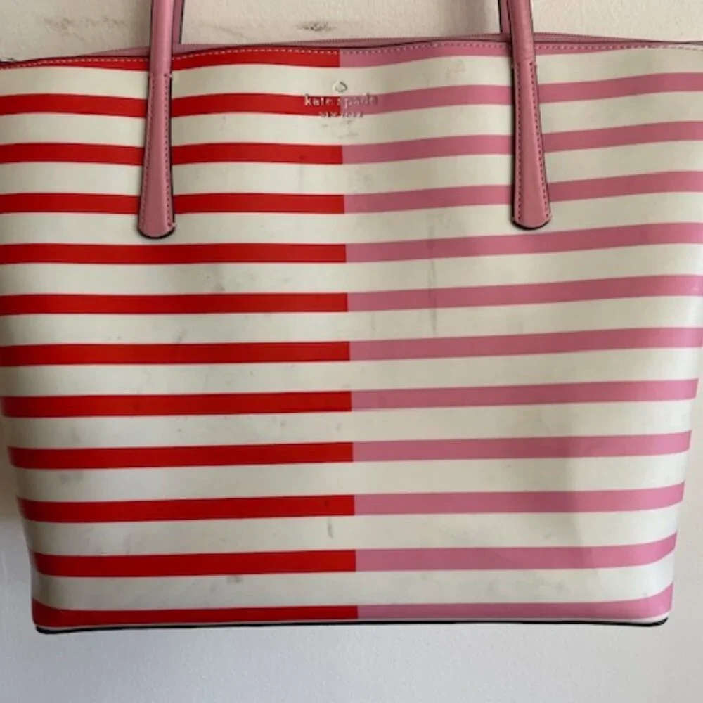 KATE SPADE New York Zina Red Pink White Stripe Large Coated Canvas Tote …